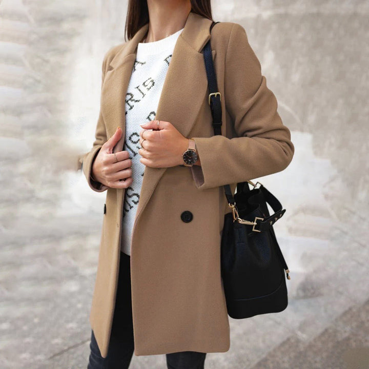 Women's Double-Breasted Longline Coat with Notch Collar