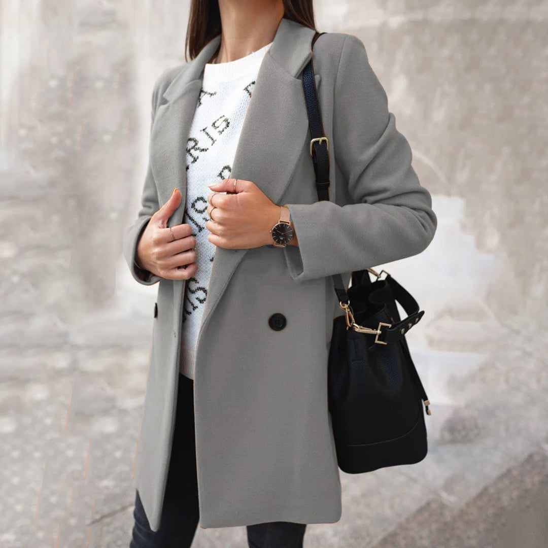 Women's Double-Breasted Longline Coat with Notch Collar