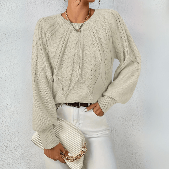 Mira-June Leaf Cable Puff Sleeve Sweater