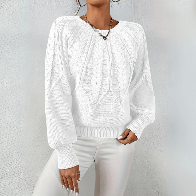 Mira-June Leaf Cable Puff Sleeve Sweater
