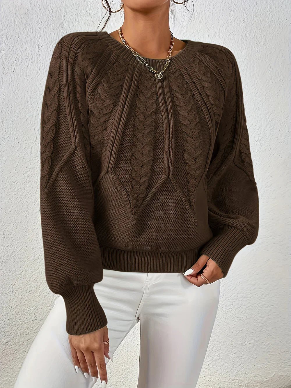 Mira-June Leaf Cable Puff Sleeve Sweater