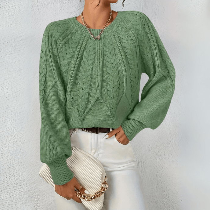 Mira-June Leaf Cable Puff Sleeve Sweater