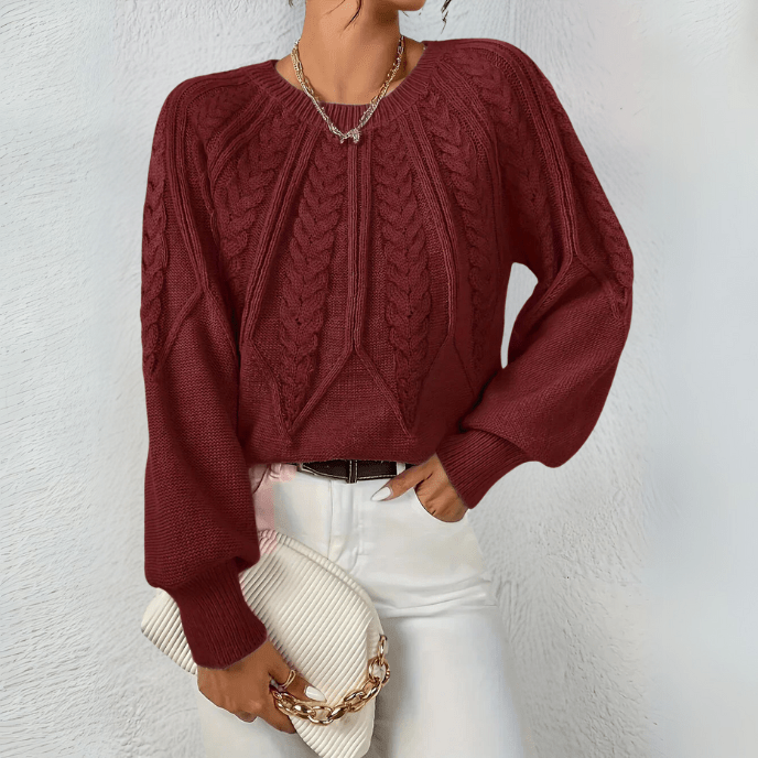 Mira-June Leaf Cable Puff Sleeve Sweater