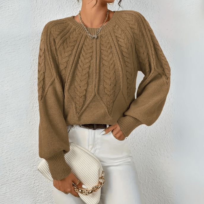 Mira-June Leaf Cable Puff Sleeve Sweater