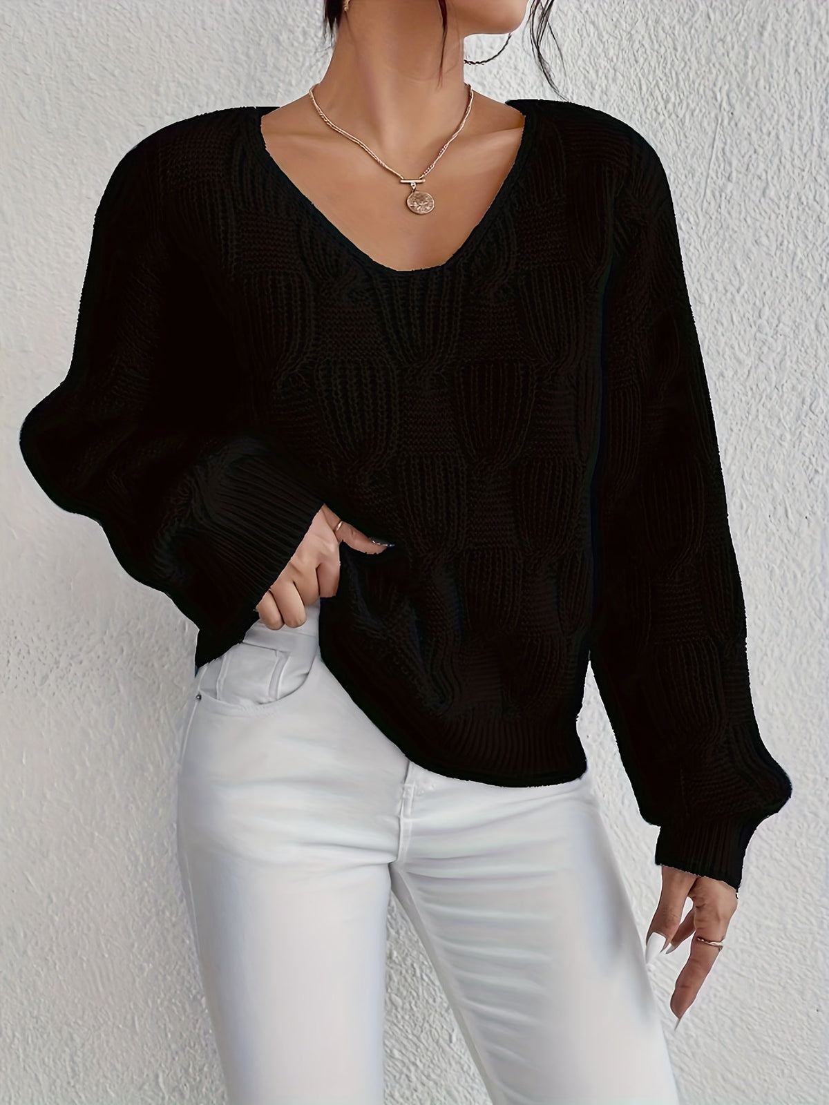 Hollis-Hope Cable V-Neck Puff Sleeve Sweater