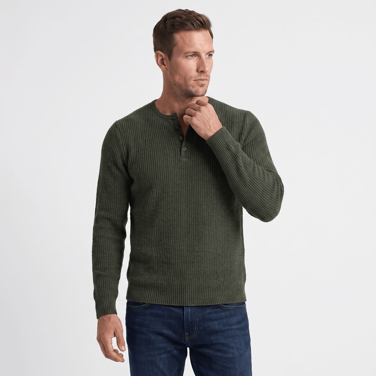 Cairo Button Placket Henley Sweater – Ribbed Knit Regular Fit Long Sleeve Pullover