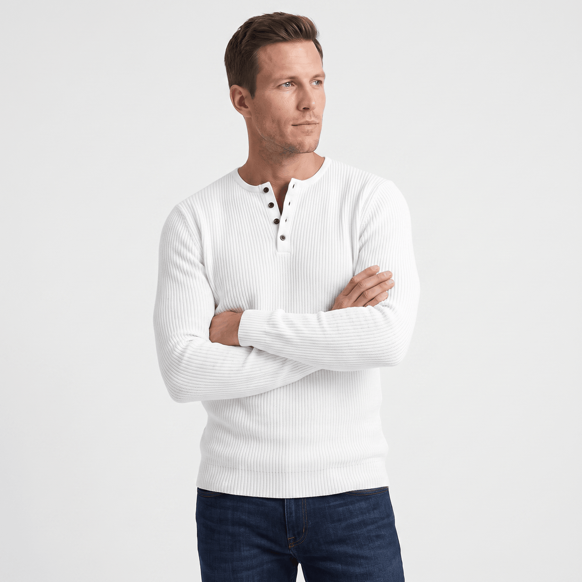 Cairo Button Placket Henley Sweater – Ribbed Knit Regular Fit Long Sleeve Pullover