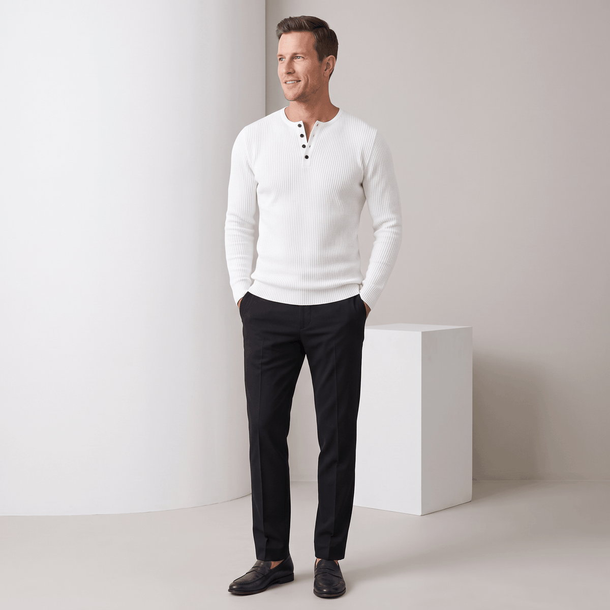 Cairo Button Placket Henley Sweater – Ribbed Knit Regular Fit Long Sleeve Pullover