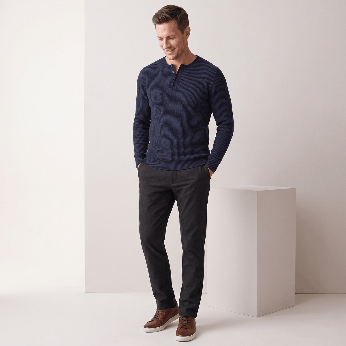 Cairo Button Placket Henley Sweater – Ribbed Knit Regular Fit Long Sleeve Pullover