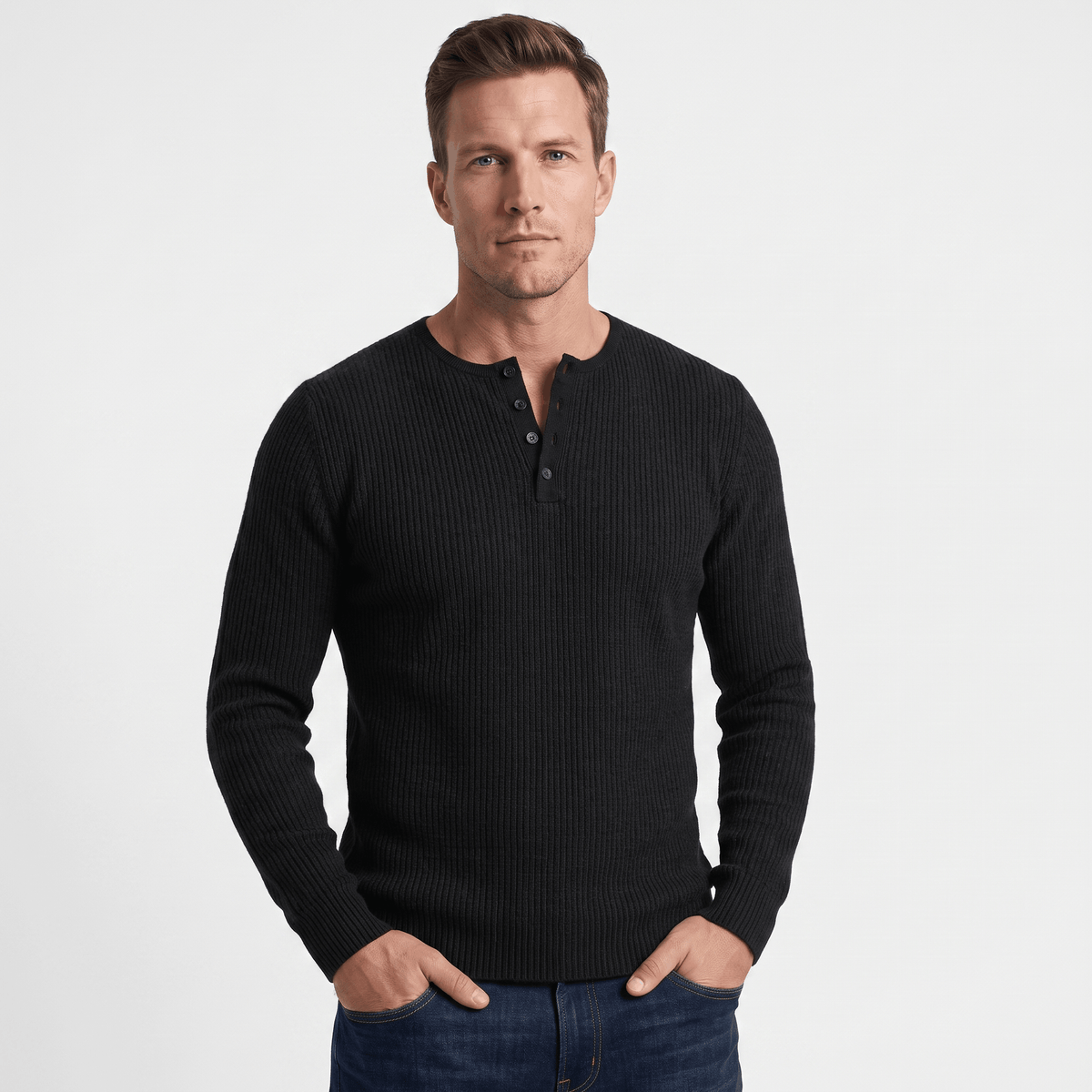 Cairo Button Placket Henley Sweater – Ribbed Knit Regular Fit Long Sleeve Pullover