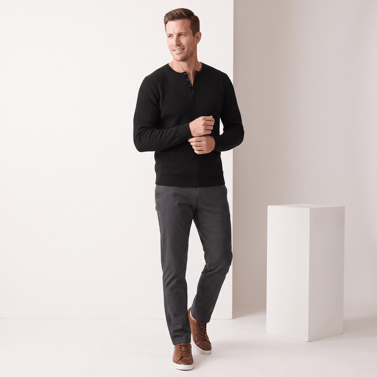 Cairo Button Placket Henley Sweater – Ribbed Knit Regular Fit Long Sleeve Pullover