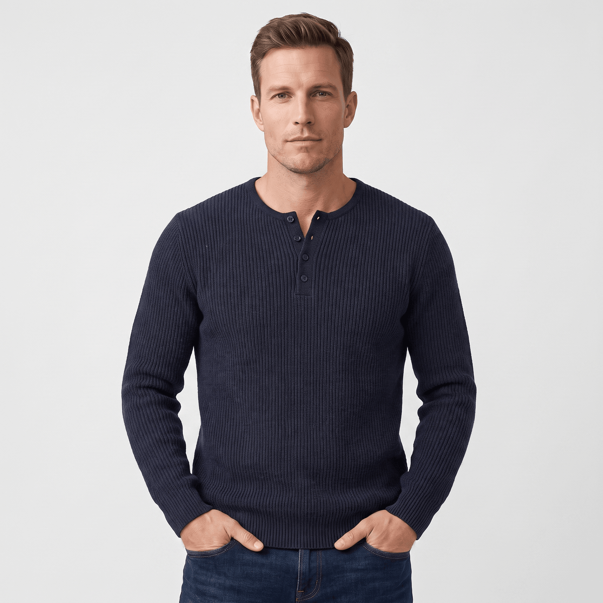 Cairo Button Placket Henley Sweater – Ribbed Knit Regular Fit Long Sleeve Pullover
