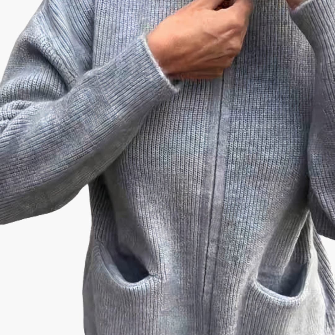 Women’s Textured Ribbed Knit Zip-Up Cardigan with Stand Collar and Pockets – Relaxed Warm Layer for Autumn and Winter