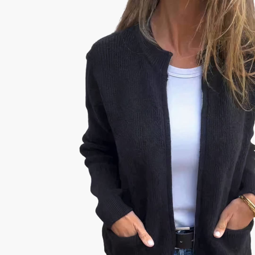 Women’s Textured Ribbed Knit Zip-Up Cardigan with Stand Collar and Pockets – Relaxed Warm Layer for Autumn and Winter