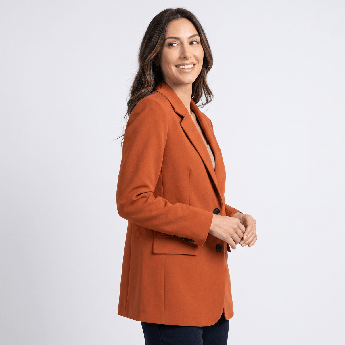 Caterina Tailored Blazer – Notch Lapel Smooth Woven Flap Pocket Single Breasted Suit Jacket