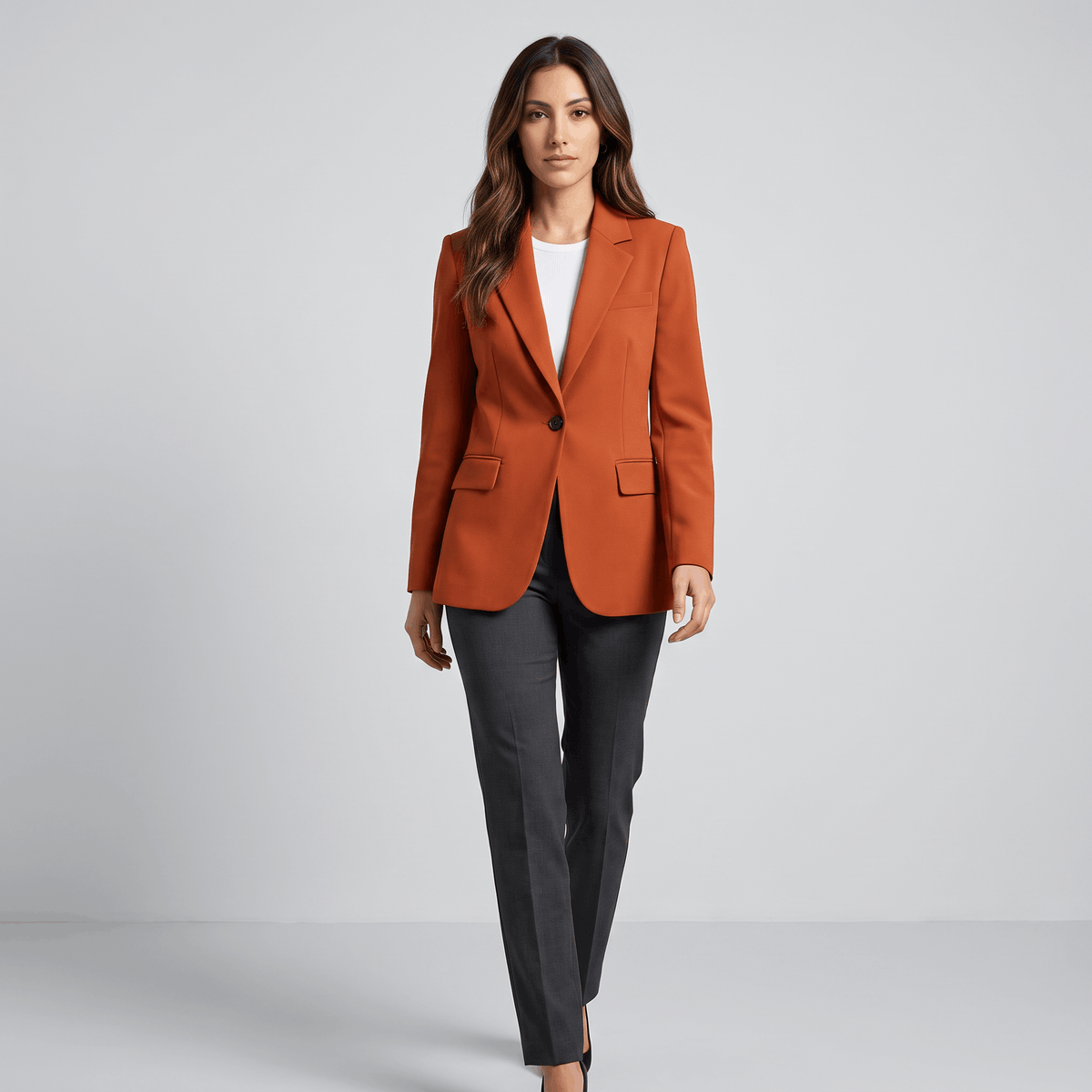 Caterina Tailored Blazer – Notch Lapel Smooth Woven Flap Pocket Single Breasted Suit Jacket