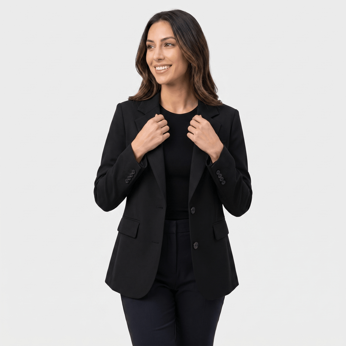 Caterina Tailored Blazer – Notch Lapel Smooth Woven Flap Pocket Single Breasted Suit Jacket