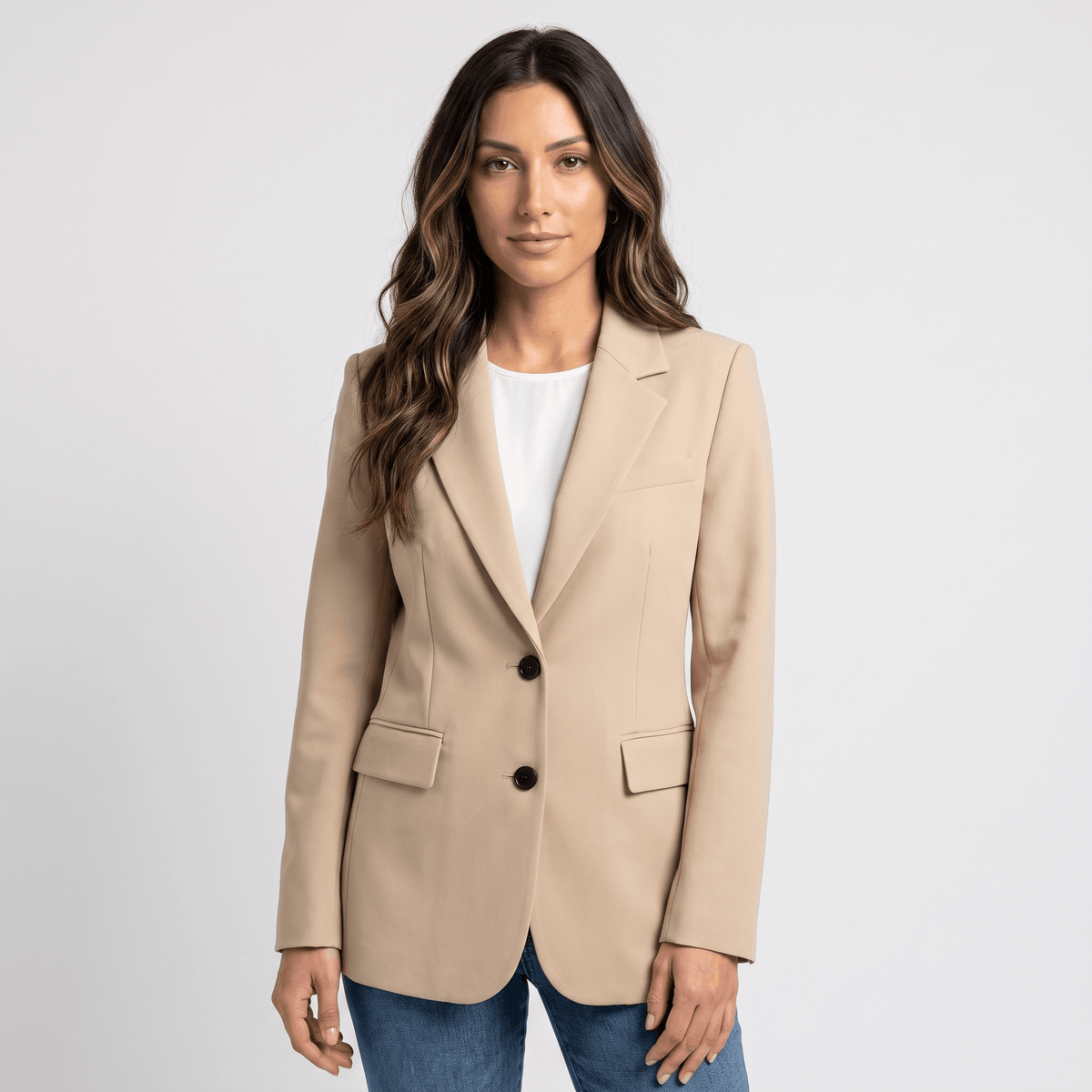 Caterina Tailored Blazer – Notch Lapel Smooth Woven Flap Pocket Single Breasted Suit Jacket
