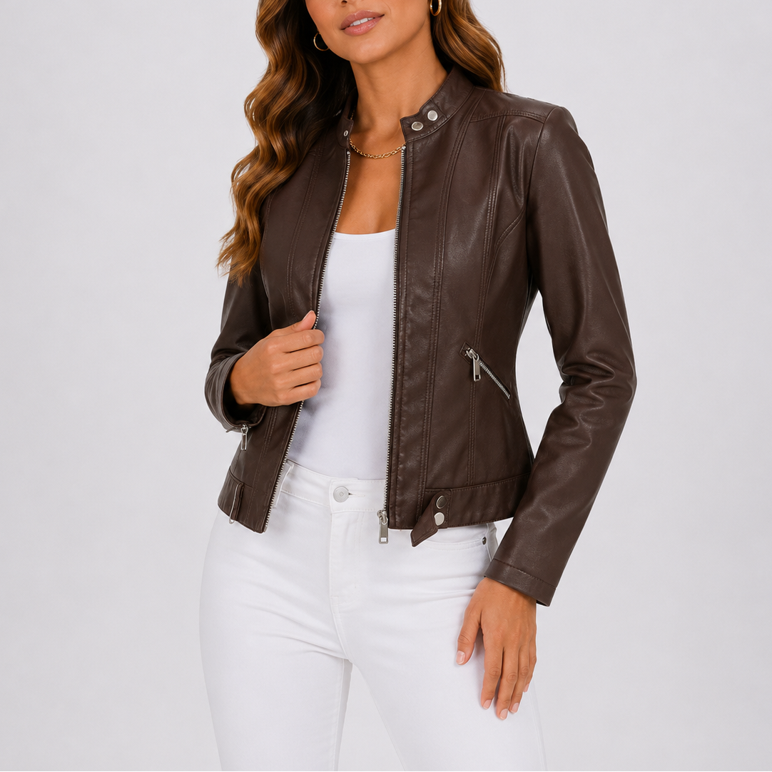 Women's Faux Leather Biker Jacket with Zip Pockets