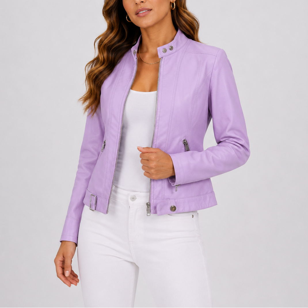 Women's Faux Leather Biker Jacket with Zip Pockets
