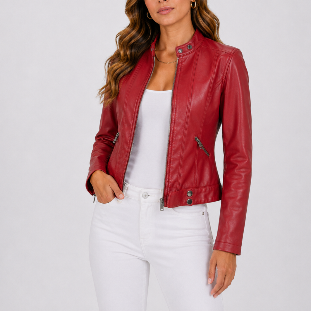 Women's Faux Leather Biker Jacket with Zip Pockets