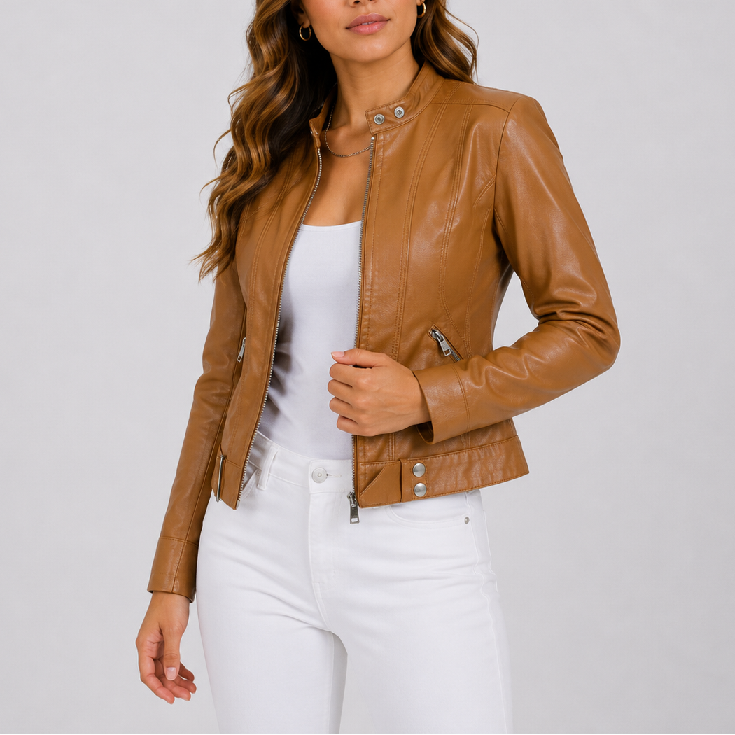 Women's Faux Leather Biker Jacket with Zip Pockets