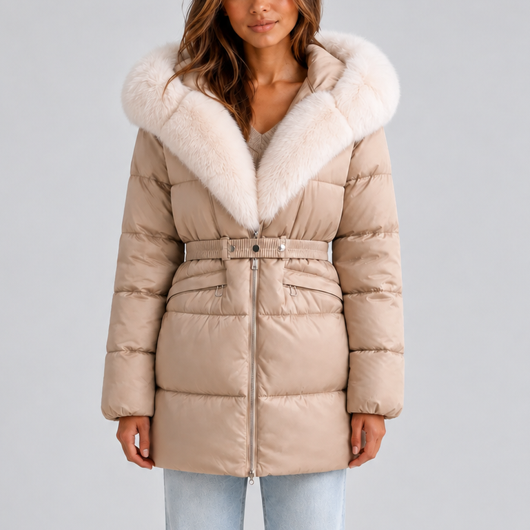 Aurelie | Belted Faux Fur Trim Hooded Puffer Coat