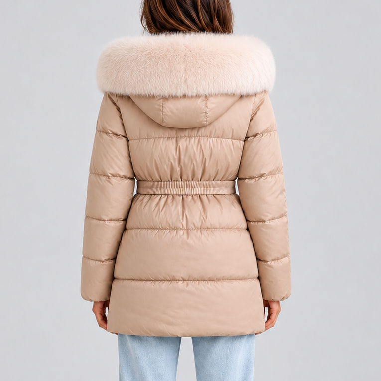 Aurelie | Belted Faux Fur Trim Hooded Puffer Coat