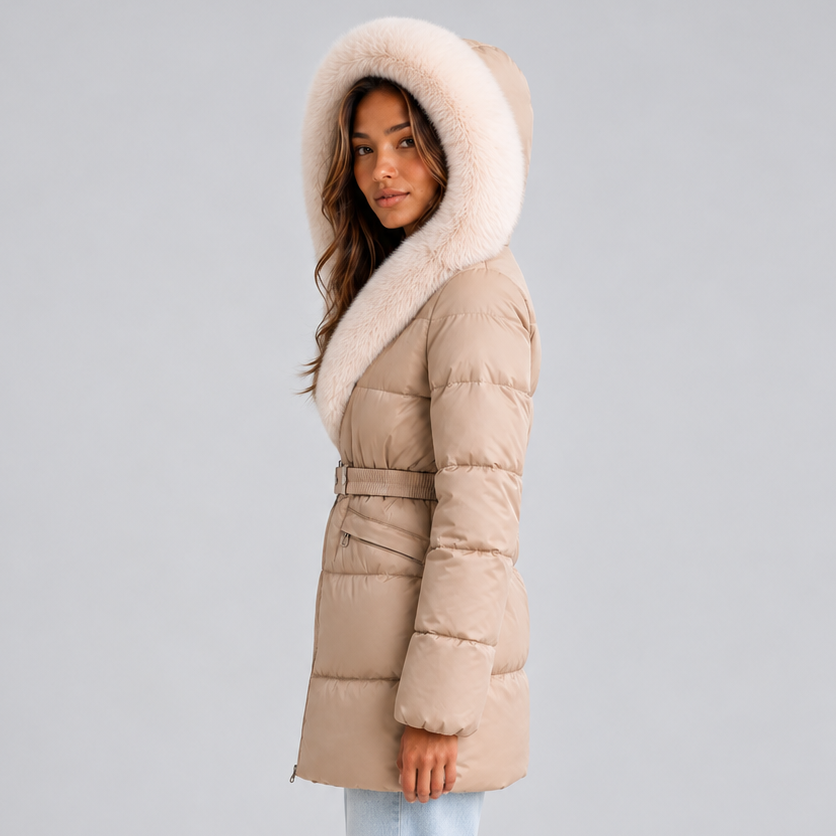 Aurelie | Belted Faux Fur Trim Hooded Puffer Coat