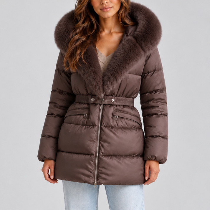 Aurelie | Belted Faux Fur Trim Hooded Puffer Coat