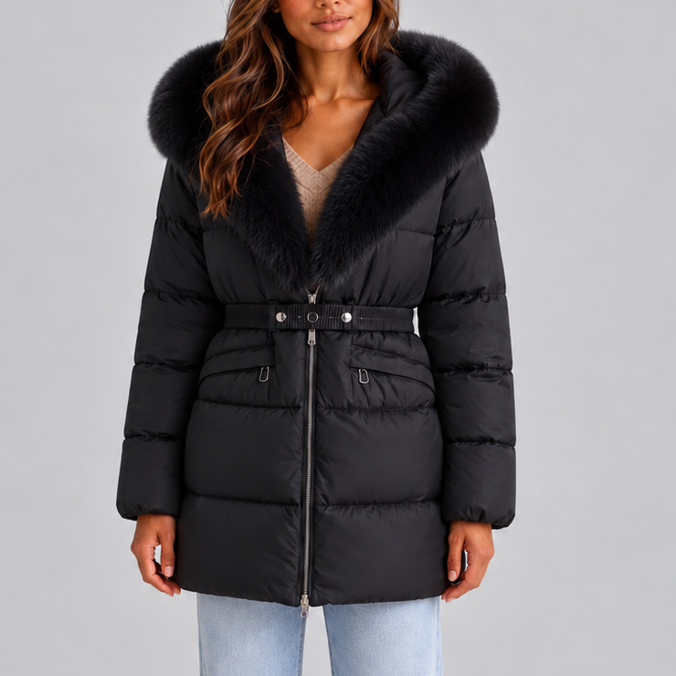 Aurelie | Belted Faux Fur Trim Hooded Puffer Coat