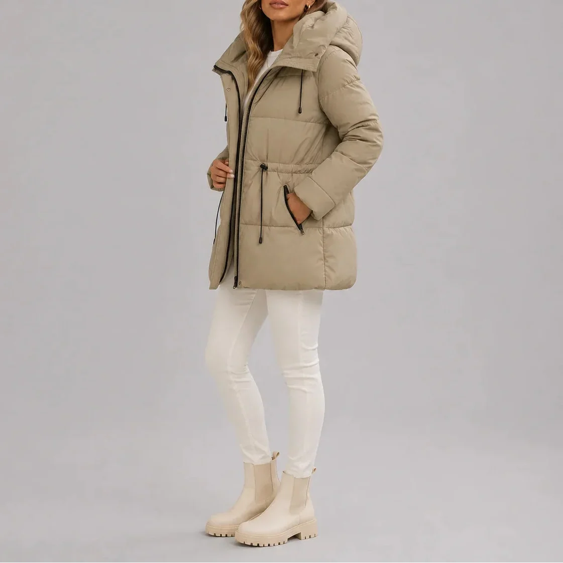 Sanne | Hooded Drawstring Waist Puffer Coat