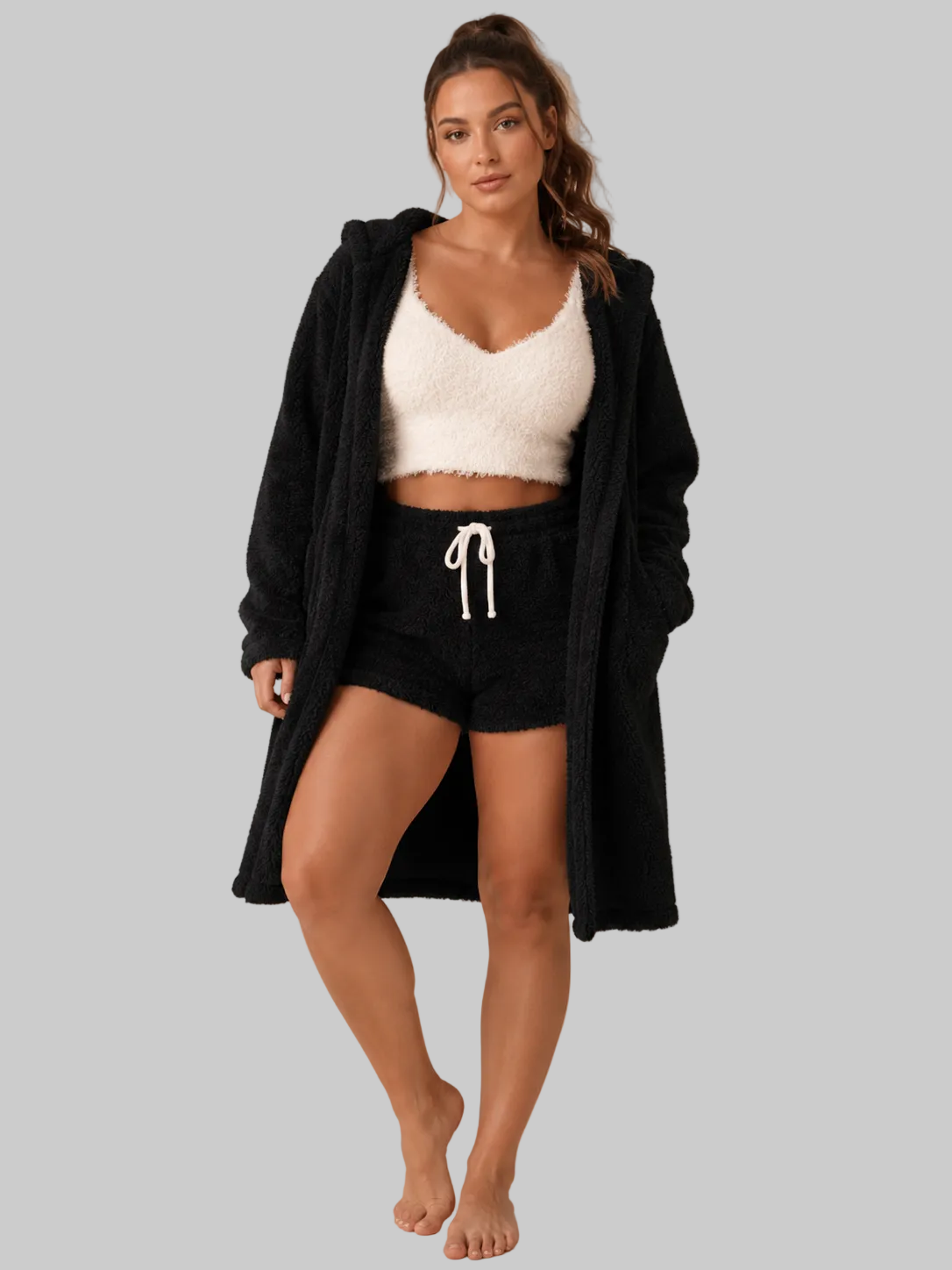 Women's Plush Lounge Set | Cropped Cami, Shorts & Hooded Robe