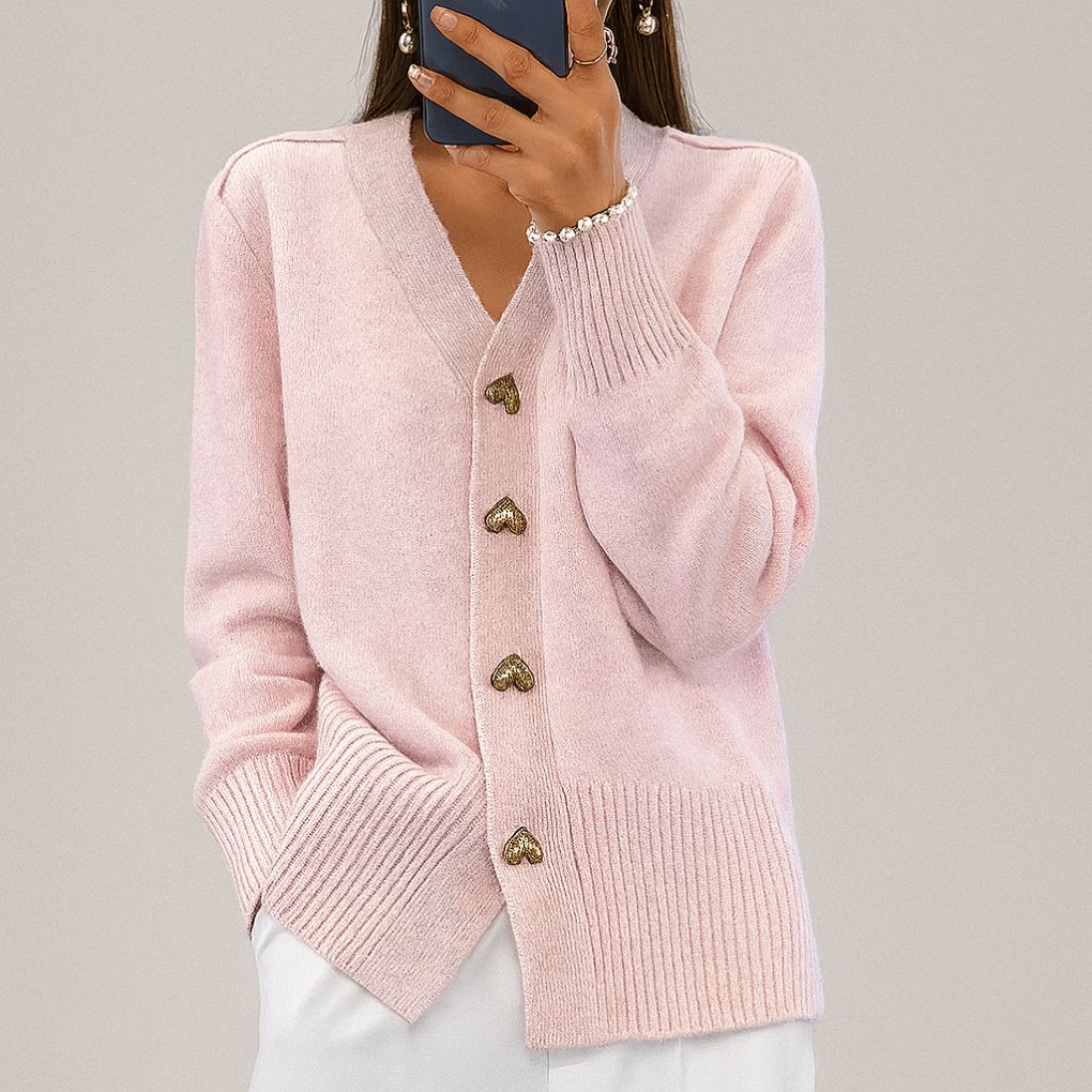 Women's V-Neck Button Cardigan with Ribbed Cuffs