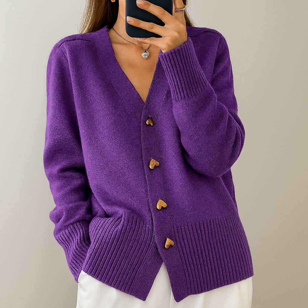 Women's V-Neck Button Cardigan with Ribbed Cuffs