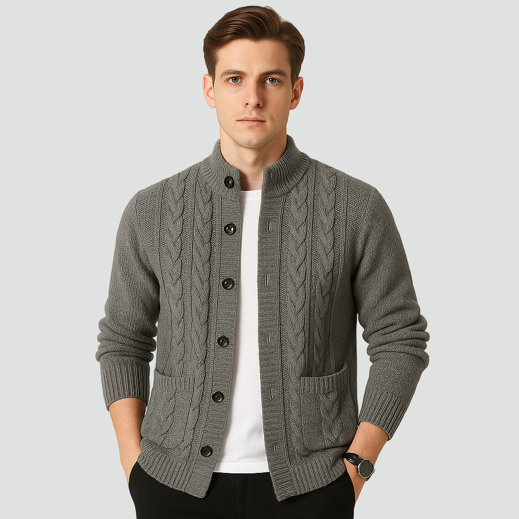 Men's Cable Knit Cardigan | Button-Up High Collar Knit
