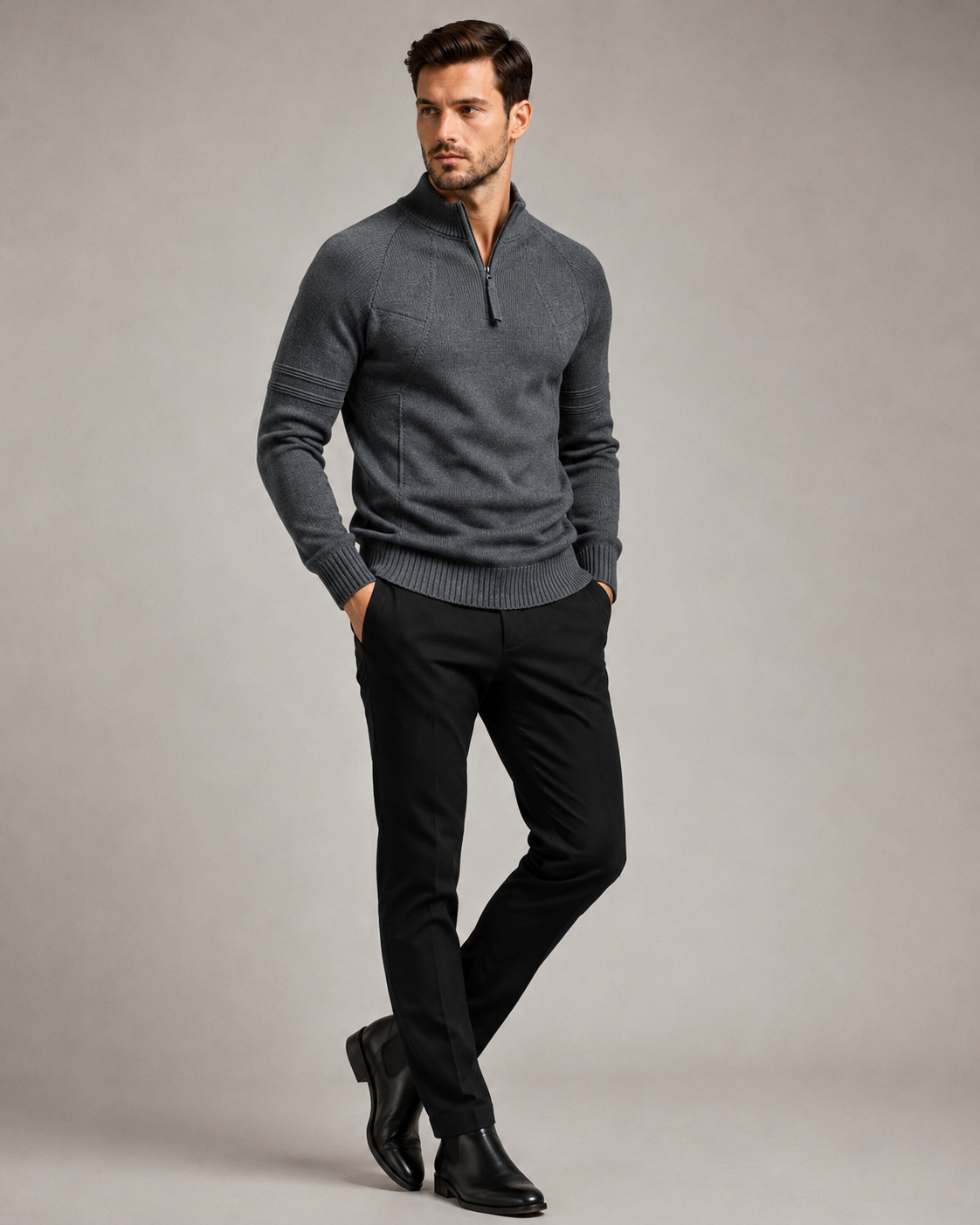 Men's Half-Zip Knit Jumper with Ribbed Hem