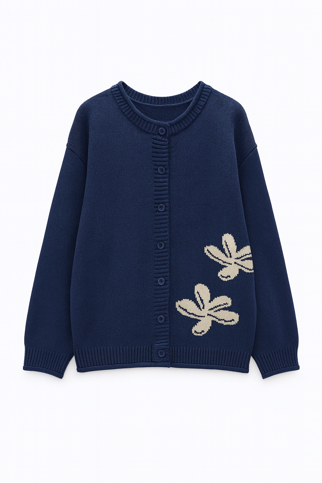 Women's Floral Appliqué Knitted Cardigan – Relaxed Button Front Crew Neck Soft Knit Cardigan for Autumn and Winter