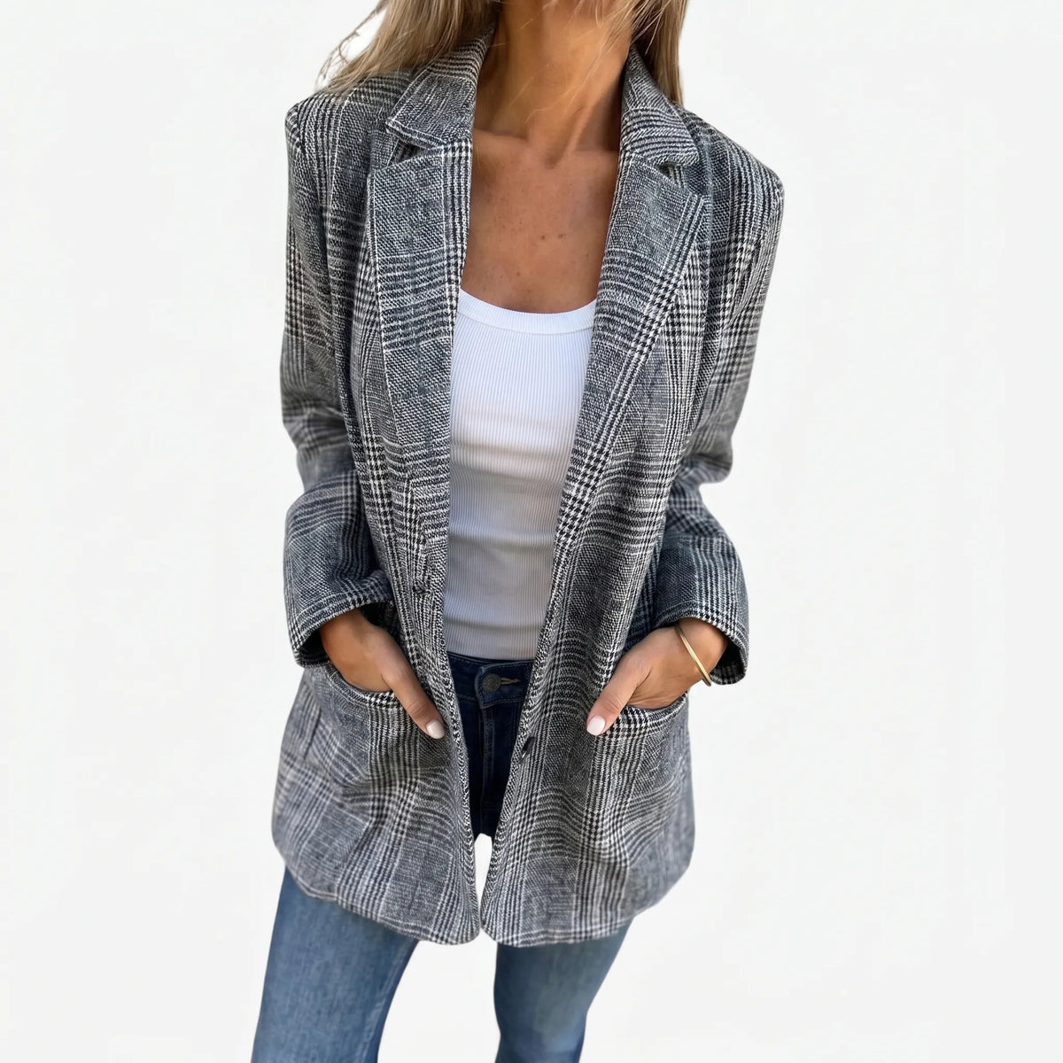 Women's Checked Blazer with Notched Lapel and Flap Pockets