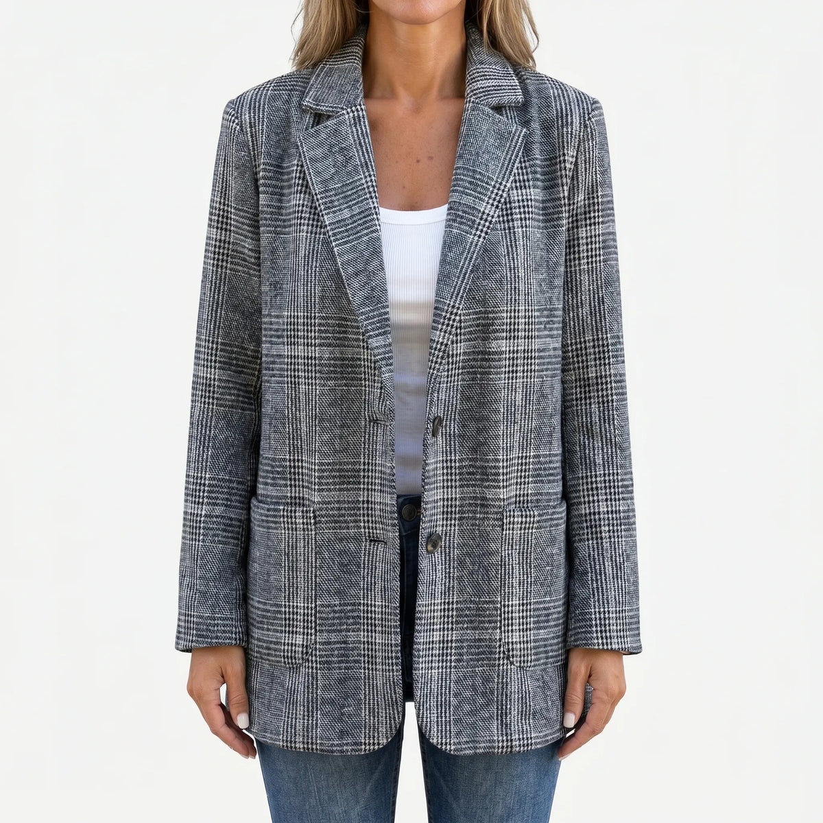 Women's Checked Blazer with Notched Lapel and Flap Pockets
