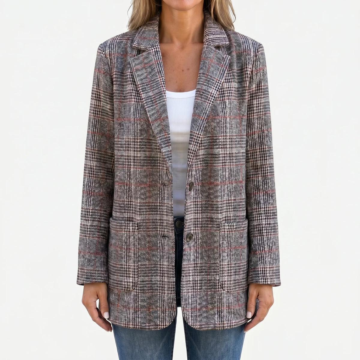 Women's Checked Blazer with Notched Lapel and Flap Pockets