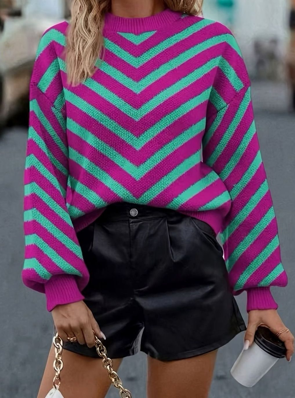 Uma-Claire Chevron Stripe Puff Sleeve Sweater