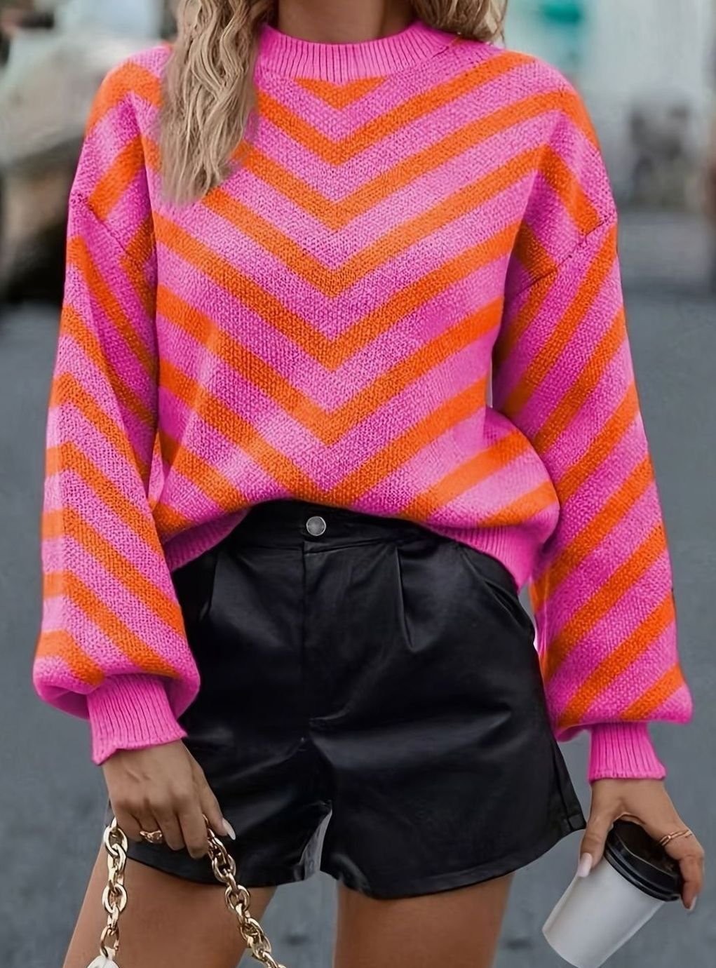 Uma-Claire Chevron Stripe Puff Sleeve Sweater
