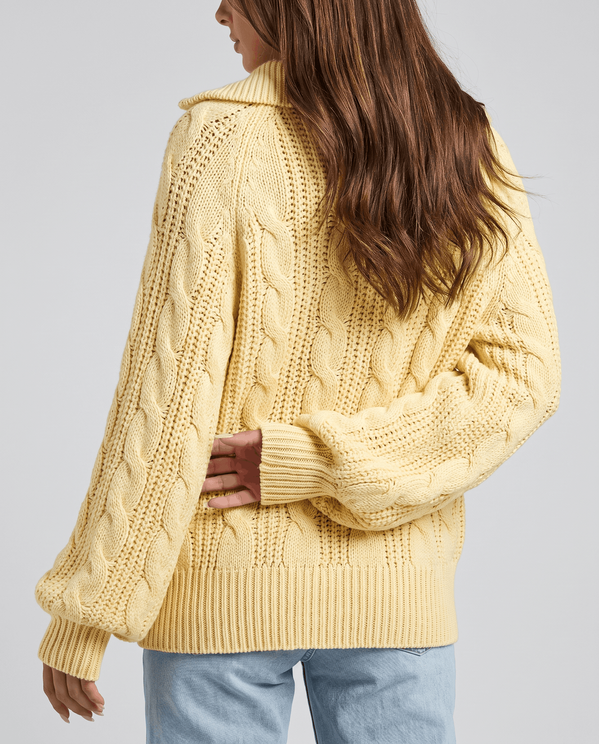 Chunky Cable Knit Sweater – Stand Collar & Half-Zip | Hanah