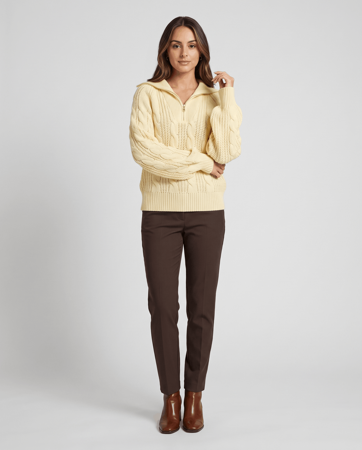 Chunky Cable Knit Sweater – Stand Collar & Half-Zip | Hanah