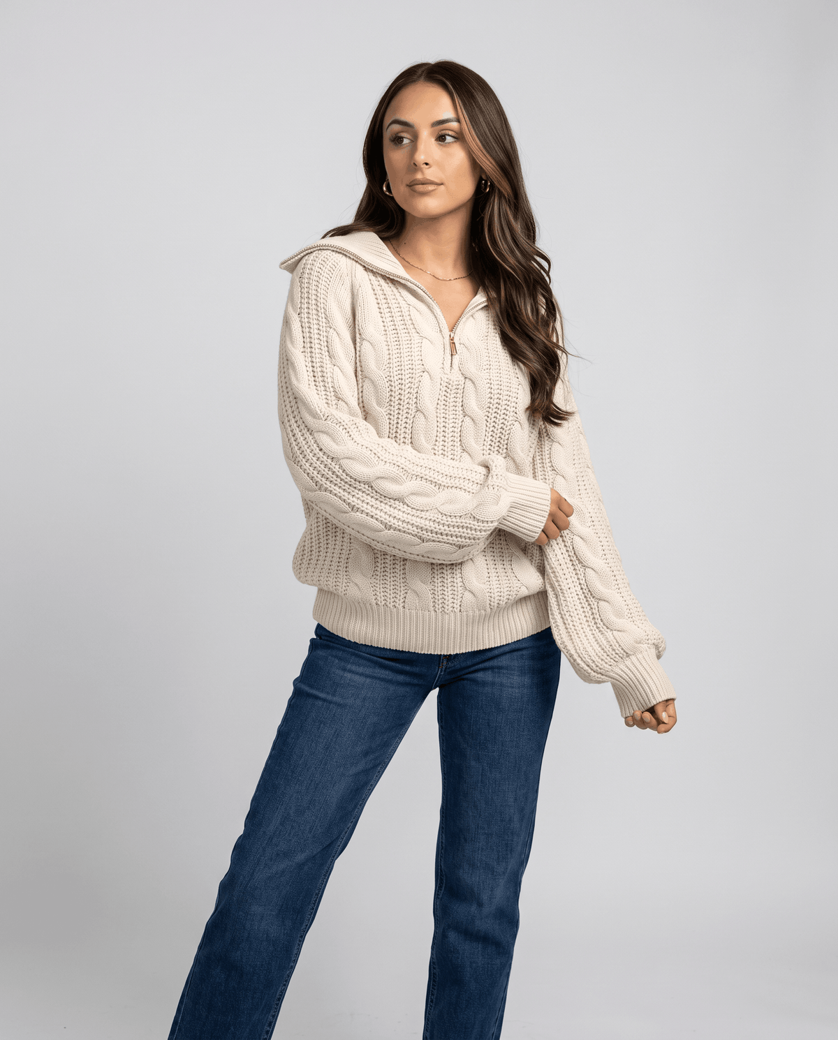 Chunky Cable Knit Sweater – Stand Collar & Half-Zip | Hanah