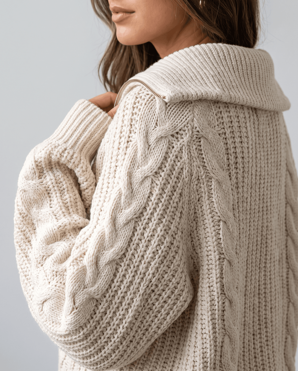 Chunky Cable Knit Sweater – Stand Collar & Half-Zip | Hanah
