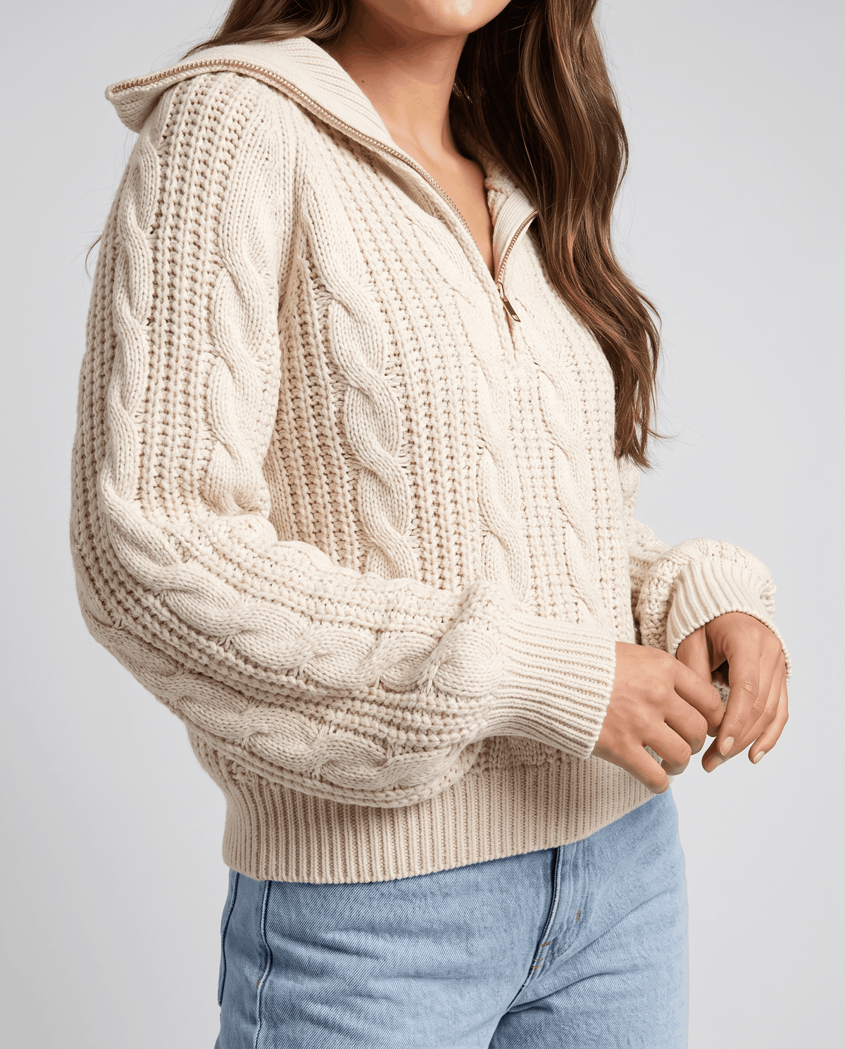 Chunky Cable Knit Sweater – Stand Collar & Half-Zip | Hanah
