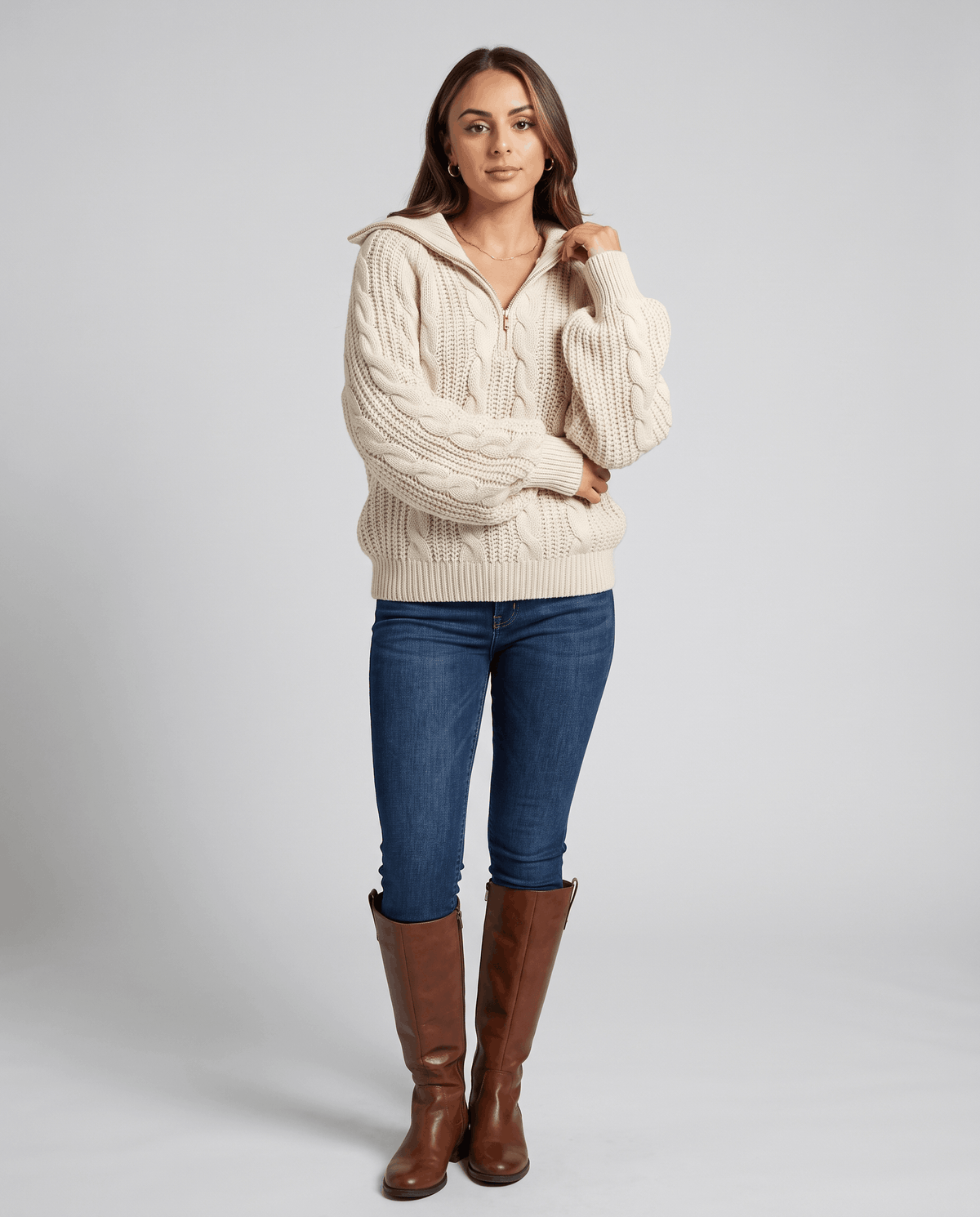 Chunky Cable Knit Sweater – Stand Collar & Half-Zip | Hanah