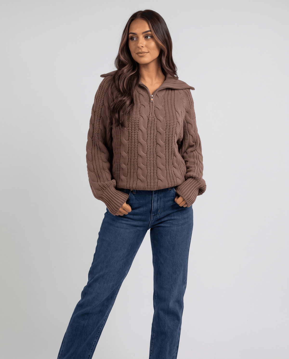 Chunky Cable Knit Sweater – Stand Collar & Half-Zip | Hanah